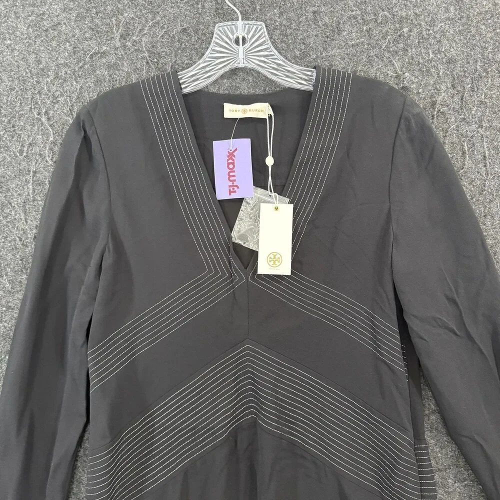 Tory Burch Varenne Tunic Dress Women's 4 Black Silk Stripe Shift Long Sleeve